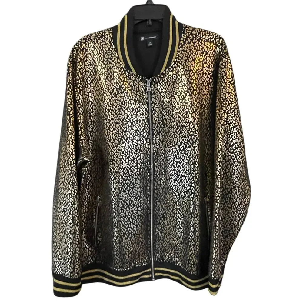 INC Black Gold Leopard Print Bomber Jacket XXL Mens Oversized Streetwear EUC
